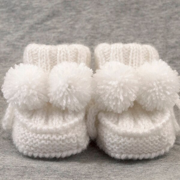 Hand Knitted Baby Booties with Pom Poms - Snow White, 3 - 6 months