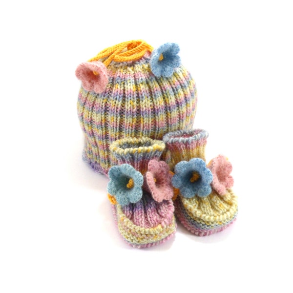 Baby Hat and Booties, Hand Knitted Set - Pastel Colors, 6 - 9 month