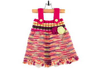 Knitted Baby Girl Dress - Pink, Yellow and Neon Green, 9 - 12 months