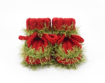 Baby Booties, Hand Knit Baby Infant Shoes, Red with Light Green Baby Boots, 0 to 6 months