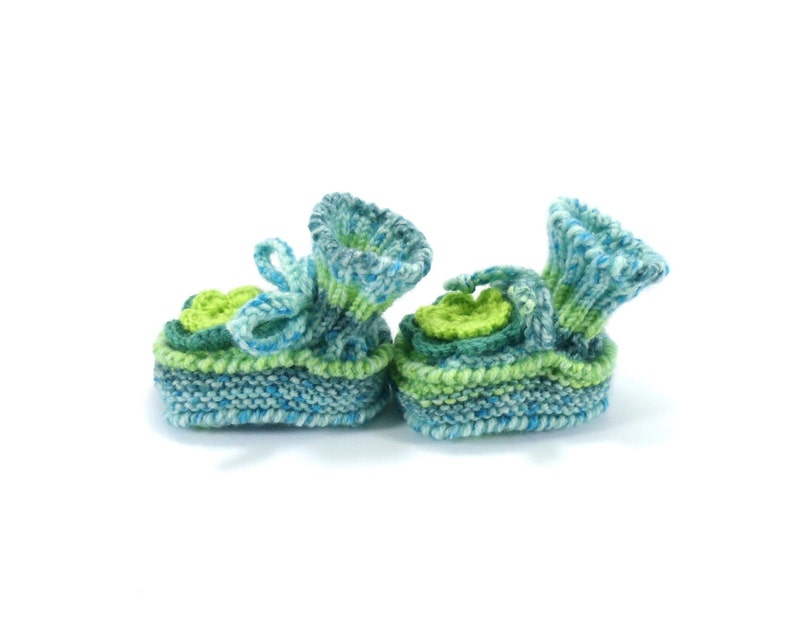 Knitted Baby Booties with Crochet Flower Green and Blue, 3 6 months image 4