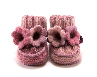 Baby Booties - Hand Knitted with Crochet Bell Flowers - Pink and Red, 0 - 6 months