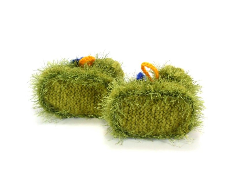 Hand Knitted Baby Booties with Bell Flowers Green and Blue, 0 6 months image 4