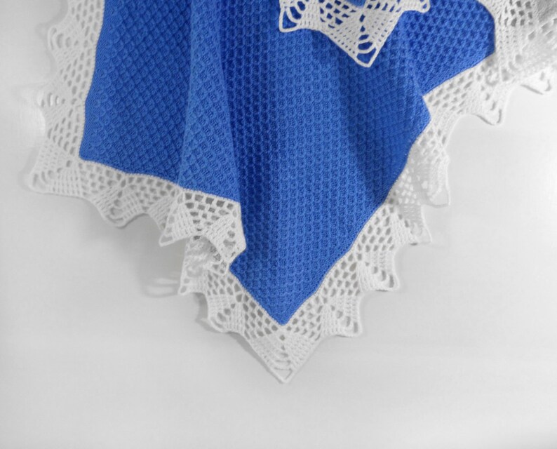 Knitted Baby Blanket Blue and White Etsy