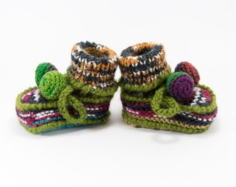 Knitted Baby Booties, Knit Baby Shoes - Brown, Black, Green and Orange, 3 - 6 months