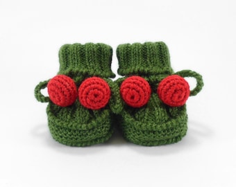 Baby Booties, Hand Knit Baby Infant Shoes, Green with Red Baby Boots, 3 to 6 months