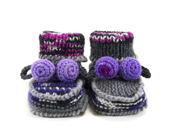 Knitted Baby Booties, Wool Baby Booties, Gray with Lilac, 3 - 6 months