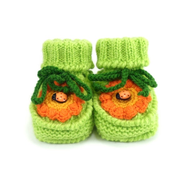 Hand Knitted Baby Booties with Crochet Flower - Light Green, 6 - 12 months