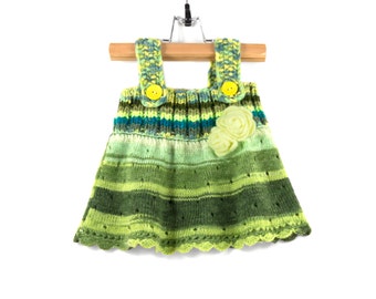 Knitted Baby Dress - Green, Yellow and Blue, 6 - 9 months