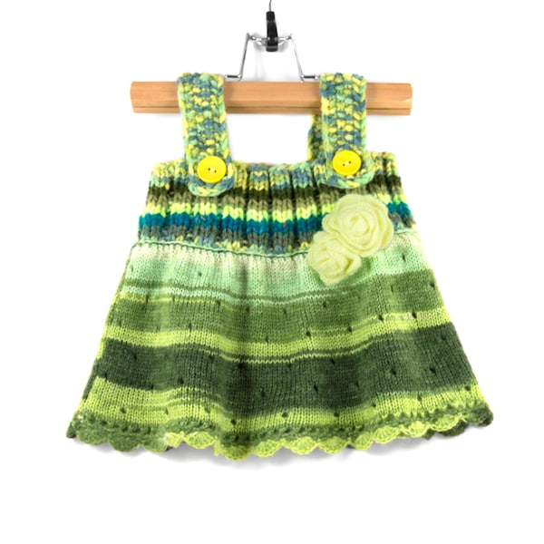 Knitted Baby Dress - Green, Yellow and Blue, 6 - 9 months