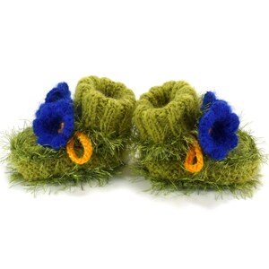 Hand Knitted Baby Booties with Bell Flowers Green and Blue, 0 6 months image 3
