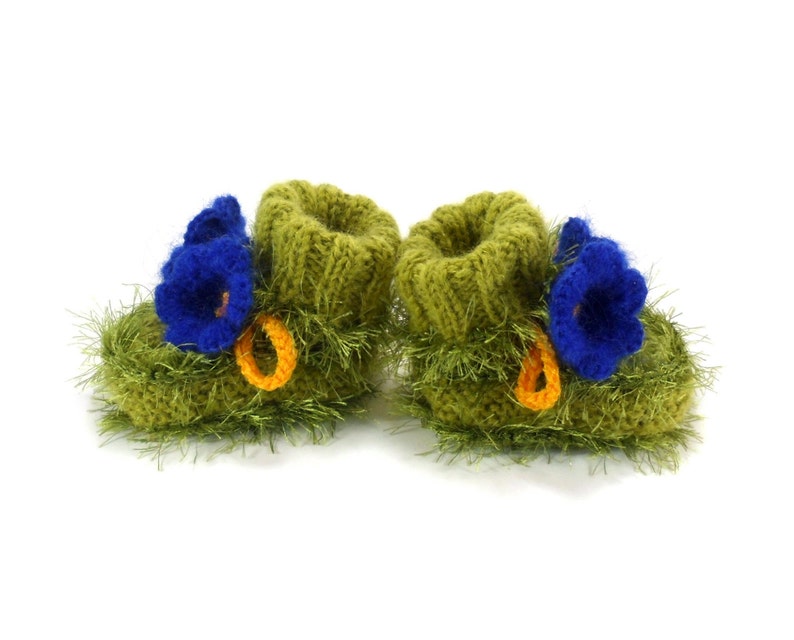 Hand Knitted Baby Booties with Bell Flowers Green and Blue, 0 6 months image 3