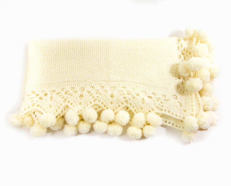 Knitted Baby Blanket With Pom Poms Cream White, Shower Gift, Knit Lace Blanket, Christening