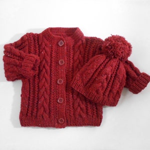 Hand Knitted Baby Cardigan Coat and Hat Hand Knit Baby Sweater Cable Knit Baby Jacket Chunky Knit Baby Sweater Winter Red, 3 years image 1