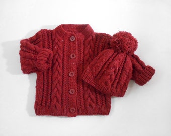 Hand Knitted Baby Cardigan Coat and Hat Hand Knit Baby Sweater Cable Knit Baby Jacket Chunky Knit Baby Sweater Winter- Red, 3 years