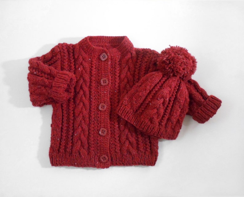 Hand Knitted Baby Cardigan Coat and Hat Hand Knit Baby Sweater Cable Knit Baby Jacket Chunky Knit Baby Sweater Winter Red, 3 years image 1