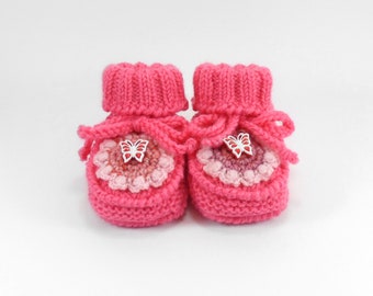 Hand Knitted Baby Booties with Crochet Flower - Pink, 6 - 9 months