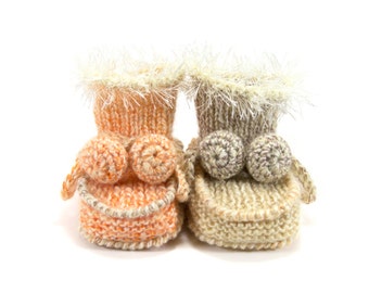 Hand Knitted Baby Booties - Beige and Orange, 0 - 3 months