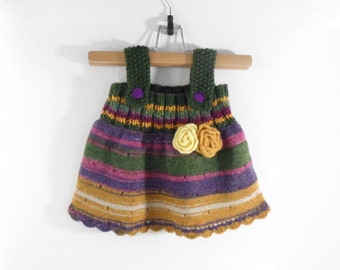 Knitted Baby Dress - Green, Purple, Brown, 6 - 9 months