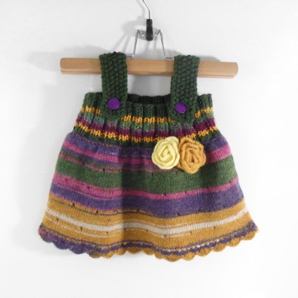 Knitted Baby Dress - Green, Purple, Brown, 6 - 9 months