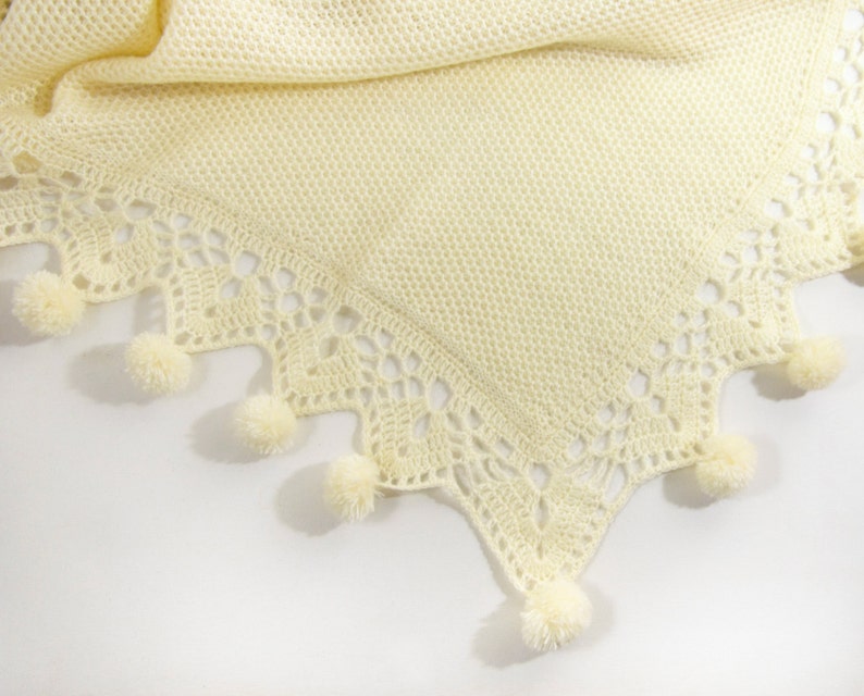 Knitted Baby Blanket With Pom Poms Cream White, Shower Gift, Knit Lace Blanket, Christening