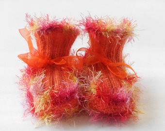 Baby Booties - Hand Knitted - Orange and Pink, 3 - 6 months