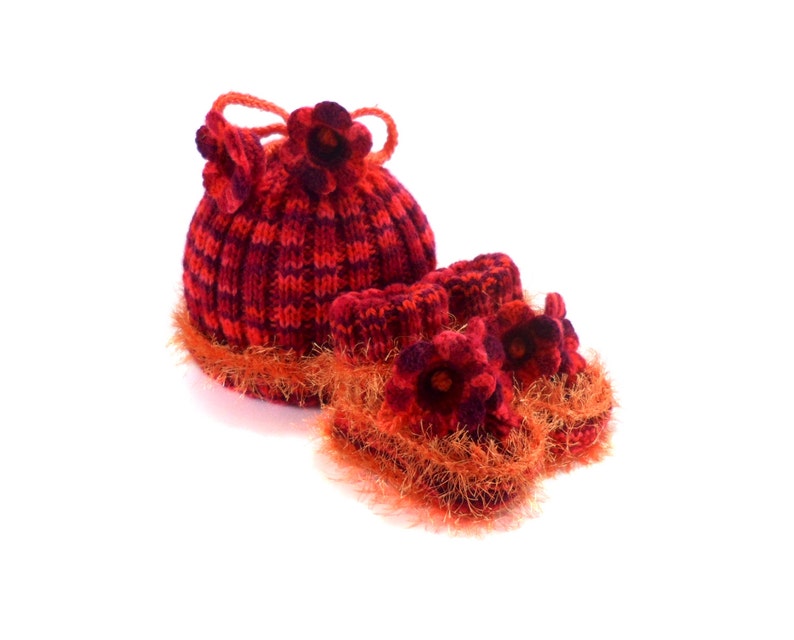 Knitted Baby Hat and Booties Red and Orange, 3 9 month image 2
