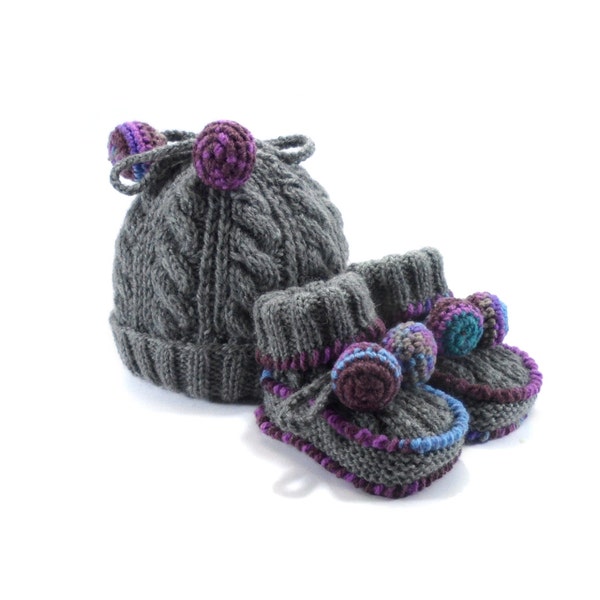 Knitted Baby Hat and Booties - Gray, 3 - 9 month