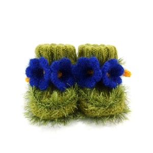 Hand Knitted Baby Booties with Bell Flowers Green and Blue, 0 6 months image 1