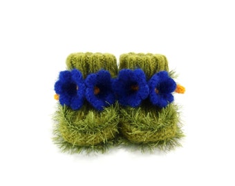 Hand Knitted Baby Booties with Bell Flowers - Green and Blue, 0 - 6 months