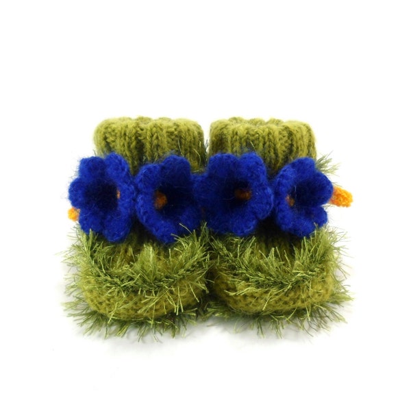 Hand Knitted Baby Booties with Bell Flowers - Green and Blue, 0 - 6 months