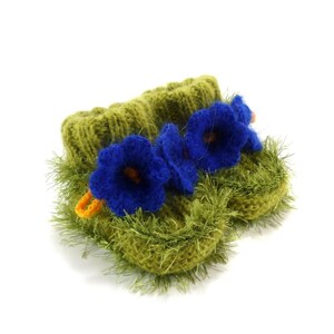 Hand Knitted Baby Booties with Bell Flowers Green and Blue, 0 6 months image 2