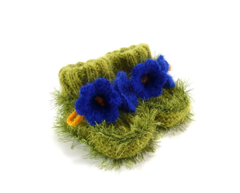 Hand Knitted Baby Booties with Bell Flowers Green and Blue, 0 6 months image 2