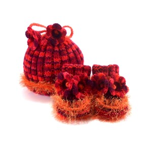 Knitted Baby Hat and Booties Red and Orange, 3 9 month image 1