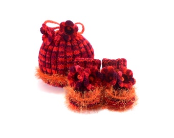 Knitted Baby Hat and Booties - Red and Orange, 3 - 9 month