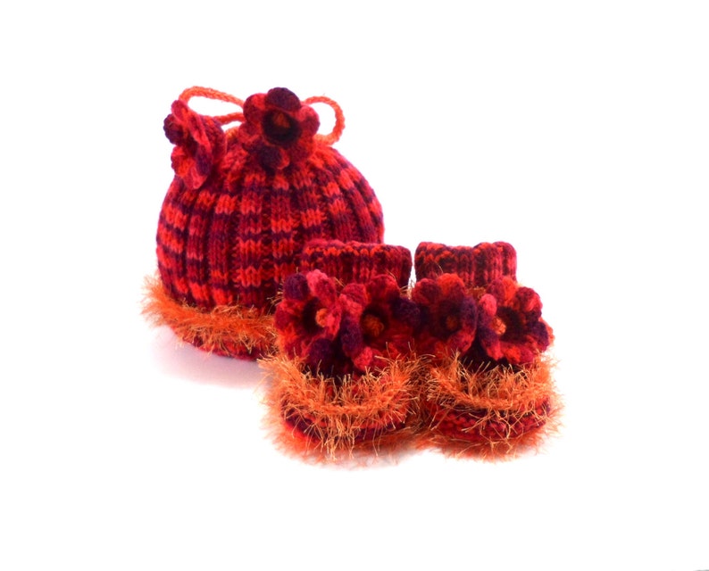 Knitted Baby Hat and Booties Red and Orange, 3 9 month image 1