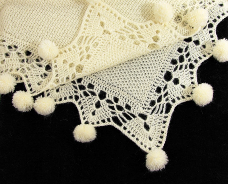 Knitted Baby Blanket With Pom Poms Cream White, Shower Gift, Knit Lace