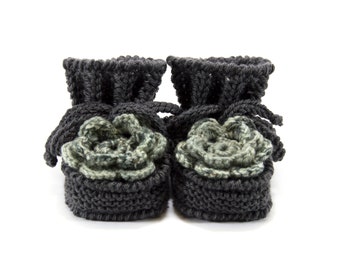 Baby Booties Hand Knitted with Crochet Flower - Gray, 0 - 3 months