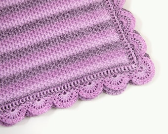 Knitted Baby Blanket with Crochet Lace Edging - Violet