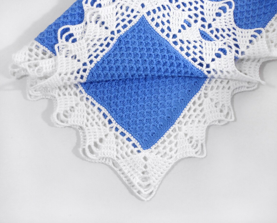 Knitted Baby Blanket Blue and White Etsy