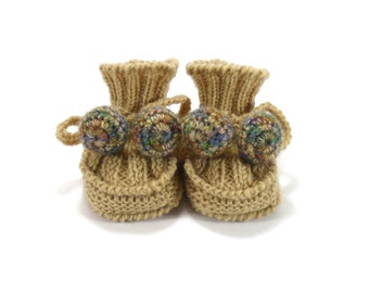Hand Knitted Baby Booties - Beige, 0 - 6 months