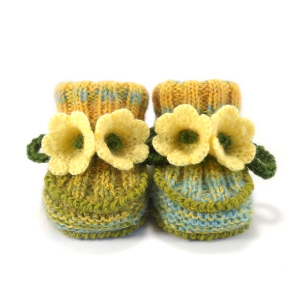 Baby Booties Hand Knitted with Crochet Yellow Bell Flowers, 0 - 3 months