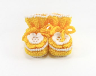 Baby Booties Hand Knitted with Crochet Flower Retro Booties - Yellow, 3 - 6 months