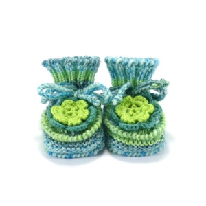 Knitted Baby Booties with Crochet Flower Green and Blue, 3 6 months image 1