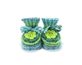 Knitted Baby Booties with Crochet Flower - Green and Blue, 3 - 6 months