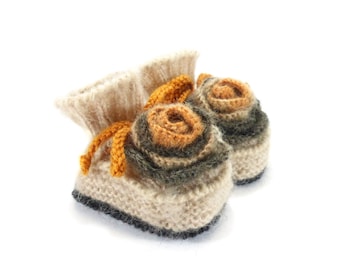 Knitted Baby Booties with Crochet Flower - Beige,Dark Grey, 3 - 9 months