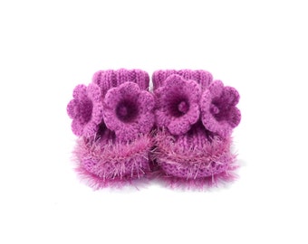 Hand Knitted Baby Booties with Crochet Bell Flowers - Purple, 9 - 12 months