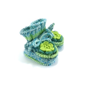 Knitted Baby Booties with Crochet Flower Green and Blue, 3 6 months image 2