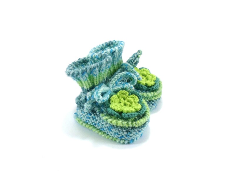 Knitted Baby Booties with Crochet Flower Green and Blue, 3 6 months image 2