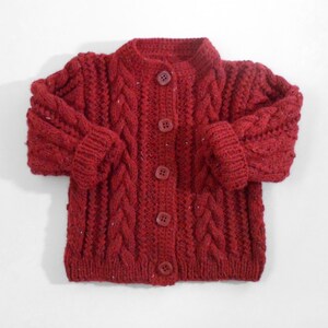 Hand Knitted Baby Cardigan Coat and Hat Hand Knit Baby Sweater Cable Knit Baby Jacket Chunky Knit Baby Sweater Winter Red, 3 years image 3